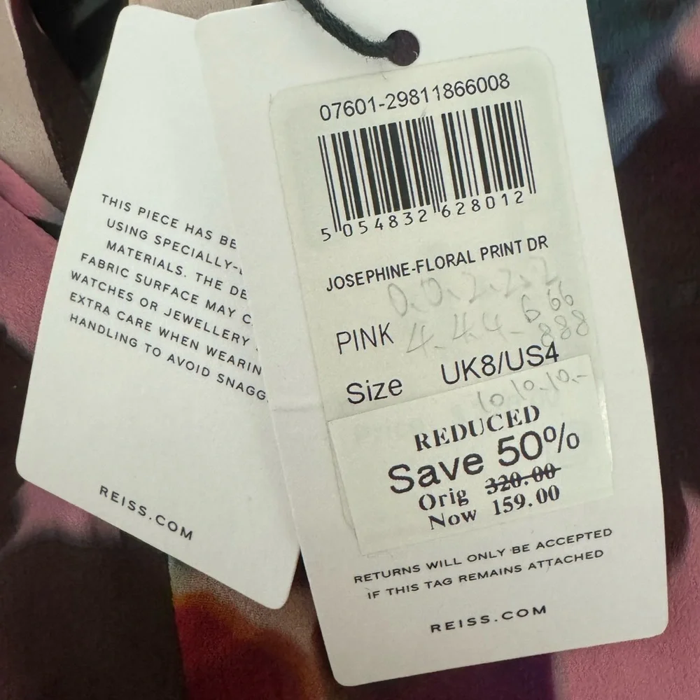 Reiss Josephine Pink Plum Floral Dress W/Pockets Size 4 NWT $320